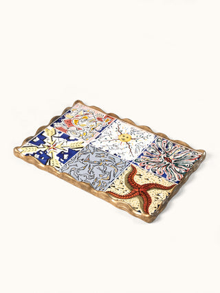 Marlo Laz Dreaming of Cadaqués tray featuring vibrant Mediterranean-inspired design on a rectangular home decor tray.