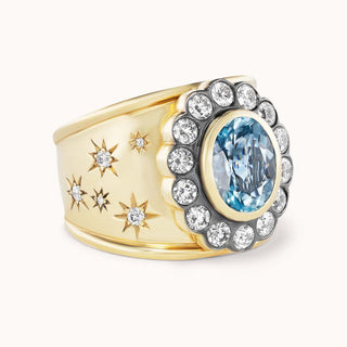 side view of gold cigar band ring with aquamarine and star designs