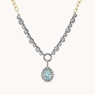 Georgian collar open chain necklace in champagne diamonds with aquamarine pear alexandra charm