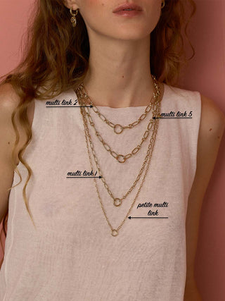 model wearing all sizes of the multi link chains
