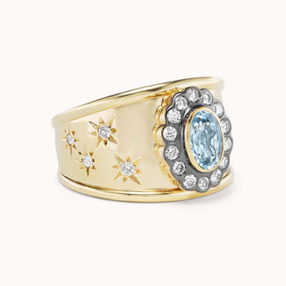 side view of gold cigar band ring with aquamarine and star designs