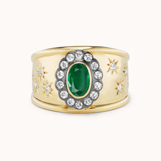 Gold cigar band ring with emerald and star designs