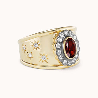 side view of cigar band ring with garnet and star designs